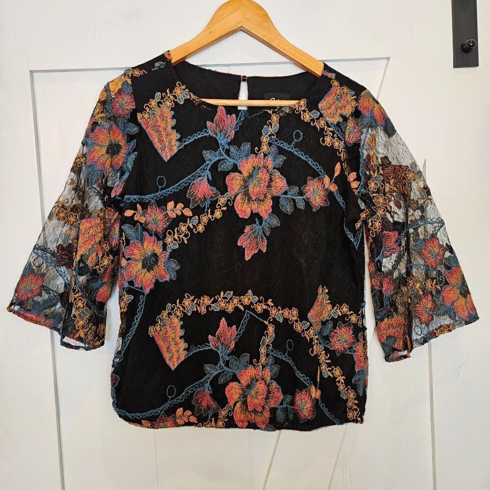 BEIGE by Eci Size Small Top Black Mesh Embroidery Boho Fairy Whimsigoth